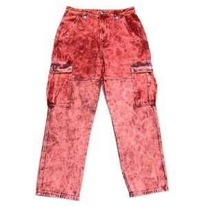 Anthropologie POL Red Pink Mineral Wash Baggy Cargo Pants Jeans Grunge Y2K Large